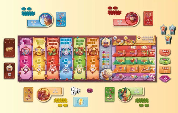 A colorful board game setup for 'Festo!' featuring vibrant cards, tokens, and player boards. The game includes various mechanics with illustrated characters and strategic components laid out on a light background, inviting players to engage in fun gameplay.