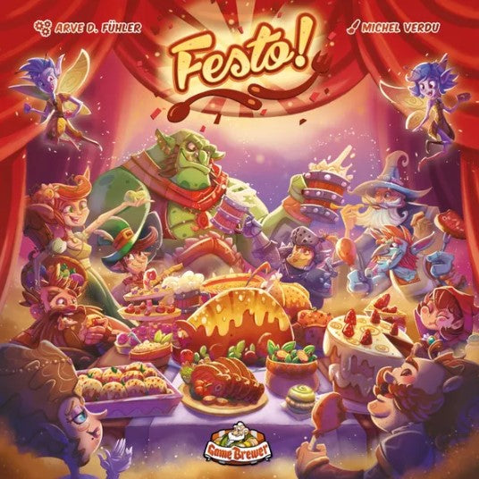 Festo! board game box art featuring a vibrant scene of fantasy characters including elves and an orc enjoying a feast filled with colorful food items. The background is filled with decorative curtains and whimsical highlights, giving a festive atmosphere.