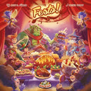 Festo! board game box art featuring a vibrant scene of fantasy characters including elves and an orc enjoying a feast filled with colorful food items. The background is filled with decorative curtains and whimsical highlights, giving a festive atmosphere.