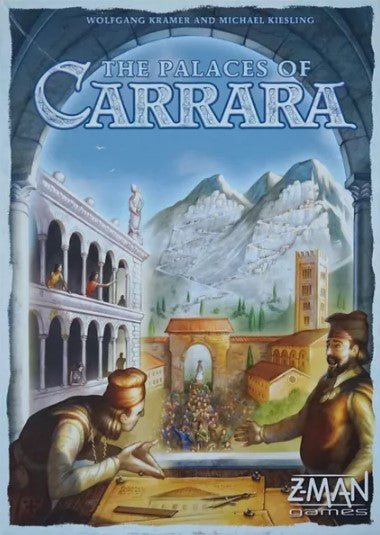 The Palaces of Carrara game box art featuring two merchants discussing plans amidst a backdrop of mountainous scenery and historical architecture. The title 'The Palaces of Carrara' is prominently displayed at the top, along with images of intricate buildings and a bustling town square.