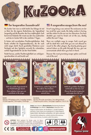 KuZOOka by Pegasus Spiele is a cooperative board game featuring a zoo escape theme. The back of the packaging illustrates gameplay instructions with colorful icons and illustrations, including cards and maps. Emphasizing teamwork, players must strategize to overcome challenges and successfully facilitate animal escapes. The vibrant artwork captures the excitement and essence of the game.