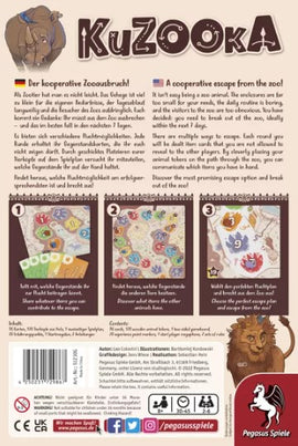 KuZOOka by Pegasus Spiele is a cooperative board game featuring a zoo escape theme. The back of the packaging illustrates gameplay instructions with colorful icons and illustrations, including cards and maps. Emphasizing teamwork, players must strategize to overcome challenges and successfully facilitate animal escapes. The vibrant artwork captures the excitement and essence of the game.