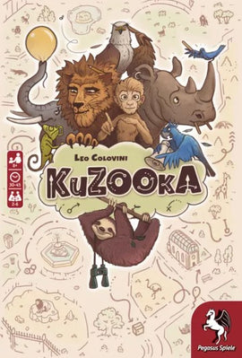 The package of the game KuZOOka by Pegasus Spiele features whimsical illustrations of various animals including a lion, monkey, and sloth, set against a playful background. The title 'KuZOOka' is prominently displayed at the center, with the game's age recommendation and playtime information visible. The design exudes a fun, adventurous spirit suitable for family game nights.