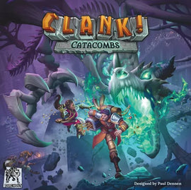 The Clank!: Catacombs board game cover featuring a vibrant illustration of characters battling a dragon skeleton in a mystical underground setting. The game's title is prominently displayed at the top, along with the designer's name, Paul Dennen.