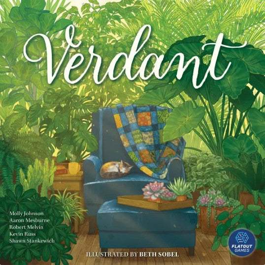 The game 'Verdant' by Alderac Entertainment Group features a tranquil scene with a comfortable chair surrounded by lush greenery and plants. A gentle cat is curled up on the chair, creating a cozy atmosphere. The box design showcases vibrant colors and detailed illustrations by Beth Sobel, inviting players to explore a world of plant care and nurturing.