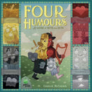 Box cover of the game 'Four Humours' by Adam's Apple Games, featuring two illustrated characters representing different humours. The background has colorful panels labeled 'Choleric', 'Sanguine', 'Melancholic', and 'Phlegmatic'. The title is prominently displayed in gold lettering atop the illustration.