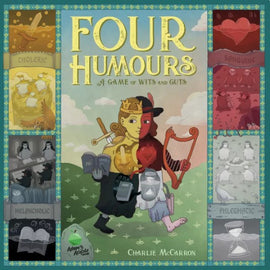 Box cover of the game 'Four Humours' by Adam's Apple Games, featuring two illustrated characters representing different humours. The background has colorful panels labeled 'Choleric', 'Sanguine', 'Melancholic', and 'Phlegmatic'. The title is prominently displayed in gold lettering atop the illustration.