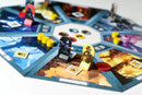 A vibrant board game titled "In Too Deep" created by BURNT ISLAND GAMES, featuring colorful game pieces and a circular board with various sections and player tokens. The game includes thematic artwork and components like yellow and red tokens, showcasing a dynamic and immersive game experience for players.