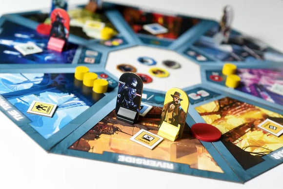 A vibrant board game titled "In Too Deep" created by BURNT ISLAND GAMES, featuring colorful game pieces and a circular board with various sections and player tokens. The game includes thematic artwork and components like yellow and red tokens, showcasing a dynamic and immersive game experience for players.