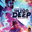 The vibrant box art for the game 'In Too Deep' by Burnt Island Games, featuring dramatic illustrations of characters in a futuristic setting. The title is prominently displayed in bold letters, surrounded by a blend of cool colors and abstract shapes, emphasizing themes of adventure and intrigue.