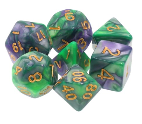 A set of seven polyhedral RPG dice featuring a vibrant mermaid's tail design in shades of green and purple. Each die has gold numbering for easy readability, perfect for tabletop role-playing games.