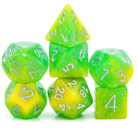 A vibrant Yellow & Green Seabed Treasure RPG Dice Set featuring six polyhedral dice. The set includes various shapes, each showcasing a unique blend of yellow and green translucent colors with silver numbering, perfect for tabletop gaming.
