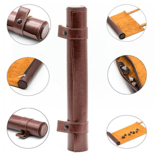 Red Roll Up Leatherette Dice Mat by Foam Brain. The mat features a smooth surface for rolling dice and a sleek, compact design for easy transport. It rolls up neatly and includes secure snaps for closure. The interior has a soft lining to protect dice. Ideal for tabletop gaming enthusiasts.