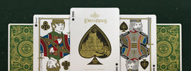 Lord of the Rings Card Deck by Theory 11 featuring detailed illustrations of iconic characters and elements from the series. The deck includes intricately designed face cards, showcasing characters like Frodo and Aragorn, set against a rich green background with distinct symbols from Middle-earth. Perfect for fans and collectors alike.