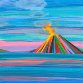A vibrant jigsaw puzzle featuring a colorful, abstract depiction of a volcano erupting. The sky is painted in shades of blue, with clouds and a colorful sunset, while the volcano is outlined with stripes in various bright colors like red, orange, yellow, green, and blue. This artistic rendering creates a lively and dynamic image, perfect for puzzle enthusiasts looking for a visually engaging experience.