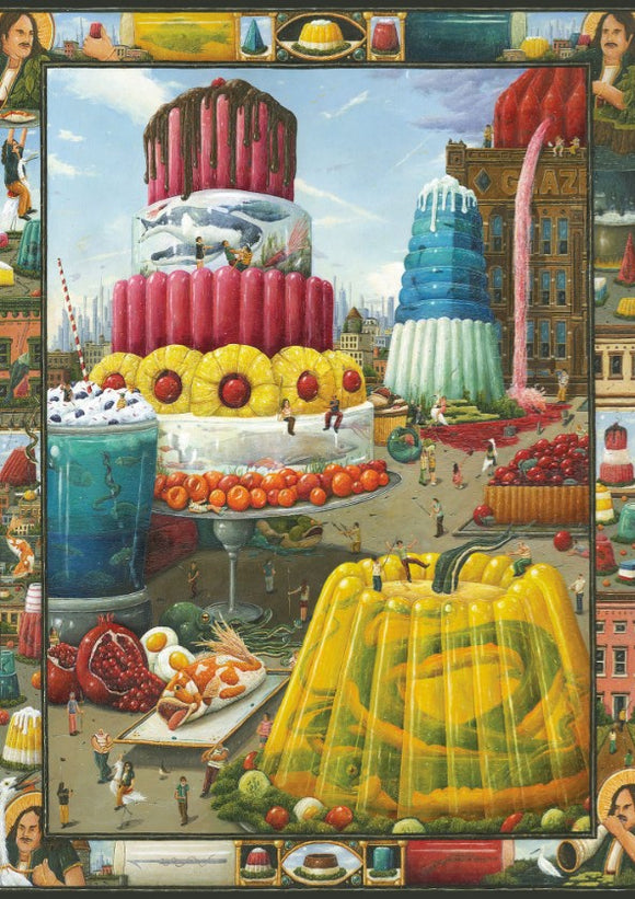 The Aspic Hunt jigsaw puzzle by Art & Fable Puzzle Co features a whimsical scene with oversized jelly desserts and colorful cakes in an urban setting. Tiny figures are seen enjoying a playful, surreal world filled with sweet treats and vibrant colors. The artwork combines fantasy and food in a detailed illustration that captivates the imagination.