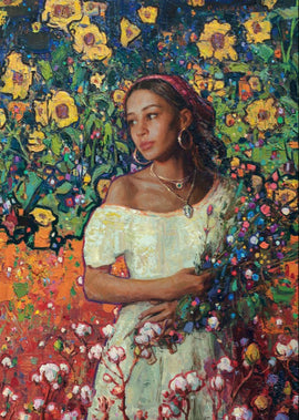 A jigsaw puzzle titled 'From the Blood of My Ancestors' by Art & Fable Puzzle Co, featuring a vibrant painting of a young woman in a white dress surrounded by colorful flowers, symbolizing heritage and nature.