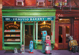 A colorful jigsaw puzzle titled 'The Lost and Found' featuring a charming bakery scene with retro robots outside. The bakery, named Vesuvio Bakery, is adorned with a green facade and a blue awning, showcasing a variety of baked goods. The robots, made of tin and painted in vibrant colors, add a whimsical touch to the setting, inviting puzzlers to immerse themselves in this delightful scene.