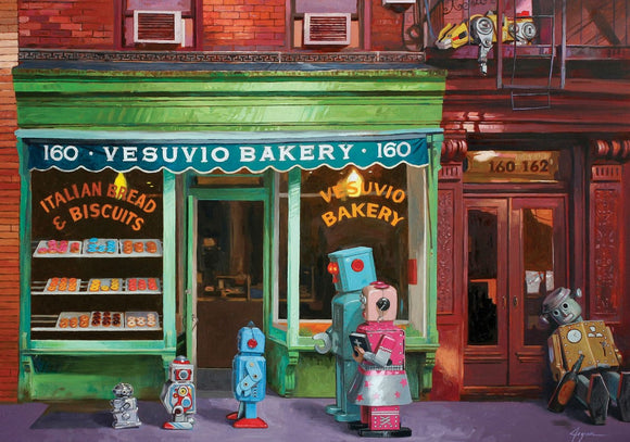 A colorful jigsaw puzzle titled 'The Lost and Found' featuring a charming bakery scene with retro robots outside. The bakery, named Vesuvio Bakery, is adorned with a green facade and a blue awning, showcasing a variety of baked goods. The robots, made of tin and painted in vibrant colors, add a whimsical touch to the setting, inviting puzzlers to immerse themselves in this delightful scene.