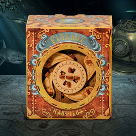 Cluebox: Captain Nemo's Escape by IDventure features an intricately designed mechanical puzzle box showcasing a swirling gear mechanism and nautical motifs, set against a mysterious underwater backdrop.