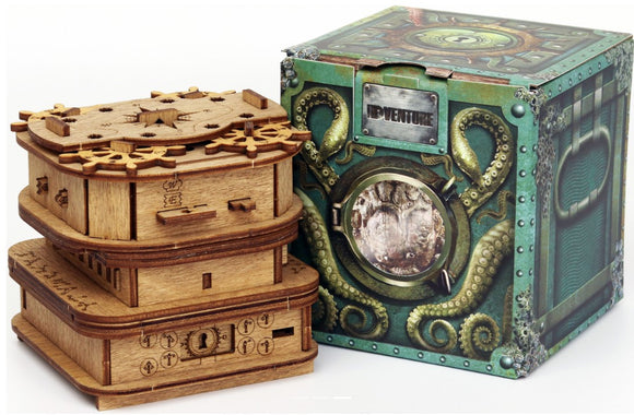 Cluebox: Davy Jones' Locker by IDventure, a wooden mechanical puzzle featuring intricate designs and a treasure-themed exterior. The puzzle is stacked in three layers, with gears and locking mechanisms visible, all housed in a beautifully decorated box resembling a treasure chest with octopus motifs.