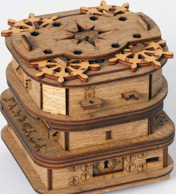 Cluebox: Davy Jones' Locker is a detailed mechanical puzzle by IDventure featuring a layered design with intricate wooden elements, gears, and mysterious symbols. The puzzle invites users to engage in a captivating escape room experience as they unlock secrets hidden within its structure.