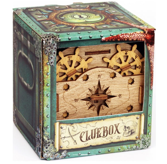 Cluebox: Davy Jones' Locker by IDventure, a beautifully designed mechanical puzzle box featuring nautical elements like steering wheels and a compass. The intricate details are highlighted by an aged, treasure-themed finish, making it an engaging challenge for puzzle enthusiasts.