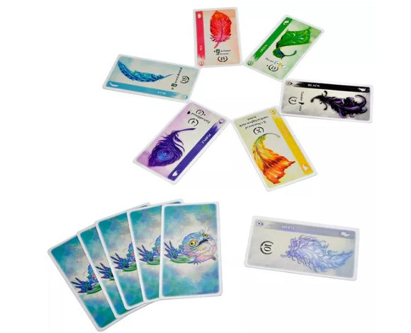 A colorful display of Featherlight game cards by Wizkids. The image features circular arrangement of various cards showcasing vibrant, feather-like designs in shades of purple, green, red, and blue, along with a set of illustrated cards featuring whimsical creatures.