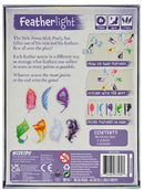 Featherlight by Wizkids is an engaging card game featuring colorful feather cards. The game revolves around scoring points by managing and collecting feathers, with an adorable theme centered around a little Pototo bird named Pauly who has lost its feathers. The back of the box illustrates the gameplay, showcasing various feather types and play mechanics, including drawing, swapping, and discarding feathers, complete with game contents listed such as 70 feather cards, a score pad, and a rulebook.