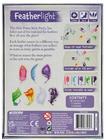 Featherlight by Wizkids is an engaging card game featuring colorful feather cards. The game revolves around scoring points by managing and collecting feathers, with an adorable theme centered around a little Pototo bird named Pauly who has lost its feathers. The back of the box illustrates the gameplay, showcasing various feather types and play mechanics, including drawing, swapping, and discarding feathers, complete with game contents listed such as 70 feather cards, a score pad, and a rulebook.
