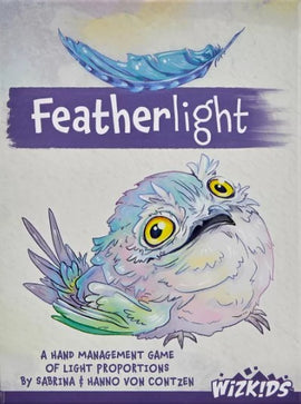 The Featherlight game by Wizkids features whimsical artwork of a colorful, cartoonish bird with large eyes. The packaging lists it as a hand management game focused on light proportions, created by Sabrina and Hanno von Contzen. The background is pastel purple with a playful font, appealing for family game nights.