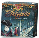 Inkognito game box designed by Ares Games featuring a colorful and mysterious carnival scene set in Venice. The box artwork prominently displays a figure in a hat and mask, enhancing the intrigue of the game which involves spies and secret identities.