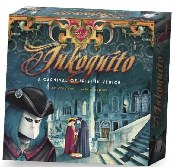 Inkognito game box designed by Ares Games featuring a colorful and mysterious carnival scene set in Venice. The box artwork prominently displays a figure in a hat and mask, enhancing the intrigue of the game which involves spies and secret identities.