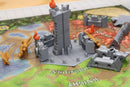 Castle Panic: 2nd Edition game components displayed. Features a central tower with flames, surrounded by various castle pieces and knights on a colorful game board. Ideal for strategy lovers.