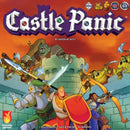 Castle Panic: 2nd Edition board game by Fireside Games, featuring colorful artwork with heroes defending a castle against monsters. The game accommodates 1 to 6 players, suitable for ages 8 and up, and takes approximately 45 minutes to play. The box showcases dynamic illustrations of warriors and adversaries, emphasizing the cooperative gameplay.