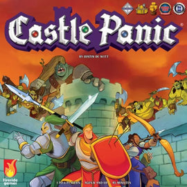 Castle Panic: 2nd Edition board game by Fireside Games, featuring colorful artwork with heroes defending a castle against monsters. The game accommodates 1 to 6 players, suitable for ages 8 and up, and takes approximately 45 minutes to play. The box showcases dynamic illustrations of warriors and adversaries, emphasizing the cooperative gameplay.