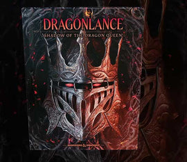 Cover of the Dungeons & Dragons game titled 'Dragonlance: Shadow of the Dragon Queen'. The cover features a detailed illustration of a fearsome helmet split in dual colors, with striking red eyes and intricate designs, set against a dark, dramatic background that includes hints of fiery elements.