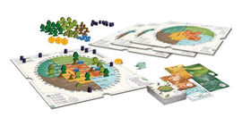 The game 'Evergreen' by Horrible Guild features a colorful game board depicting a landscape with trees, resources, and various tokens. Players can see different types of tokens including green trees, brown and purple game pieces, along with cards that represent various actions. The game encourages strategy and planning in a vibrant, nature-themed setting.