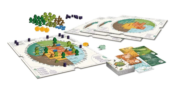 The game 'Evergreen' by Horrible Guild features a colorful game board depicting a landscape with trees, resources, and various tokens. Players can see different types of tokens including green trees, brown and purple game pieces, along with cards that represent various actions. The game encourages strategy and planning in a vibrant, nature-themed setting.