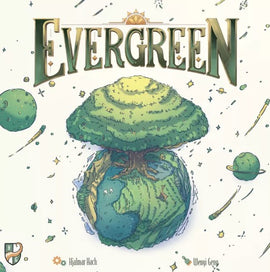 The game 'Evergreen' by Horrible Guild features an enchanting cover art depicting a lush green tree perched atop a globe, surrounded by whimsical celestial elements like planets and stars, inviting players into a world of creativity and nature-inspired strategy.