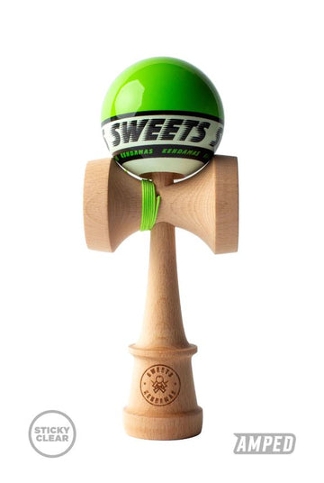 A Starter Green Kendama by Sweets Kendamas featuring a vibrant green ball with the brand logo. The wooden handle is finely crafted with a smooth finish, designed for skillful play and trick performances.