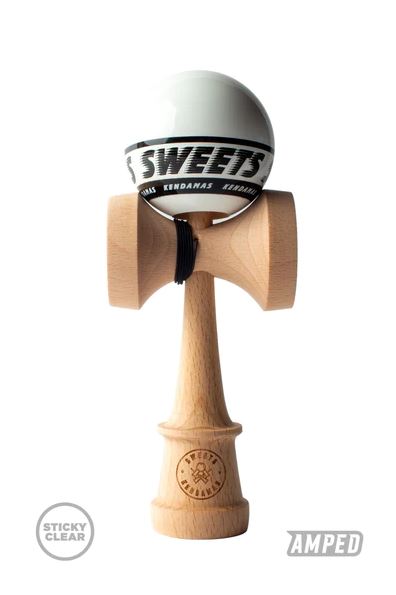 Starter White Kendama by Sweets Kendamas. This kendama features a natural wood body and a white ball with a stylish black logo. Ideal for skill development and fun!