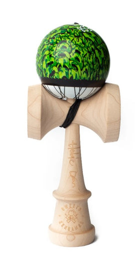 The Hobie Doan Kendama by Sweets Kendamas features a vibrant green ball designed with intricate details, mounted on a light wood, traditional kendama base. Ideal for both beginners and experienced players, this unique kendama blends style with functionality, perfect for tricks and play.