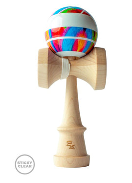 Parker Johnson V2 Pro Kendama featuring a colorful striped ball on a natural wood handle with a gold logo. Ideal for skill development and tricks.