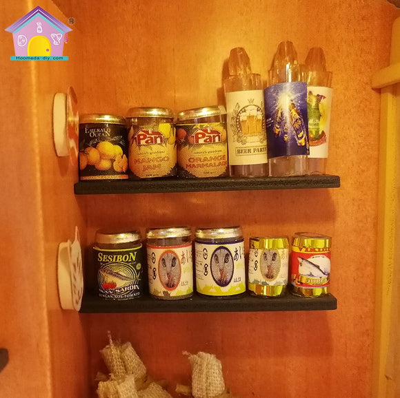 A detailed display of miniature canned food and drinks on two shelves within an intricately designed grocery store model, showcasing colorful labels and realistic designs, perfect for DIY enthusiasts.