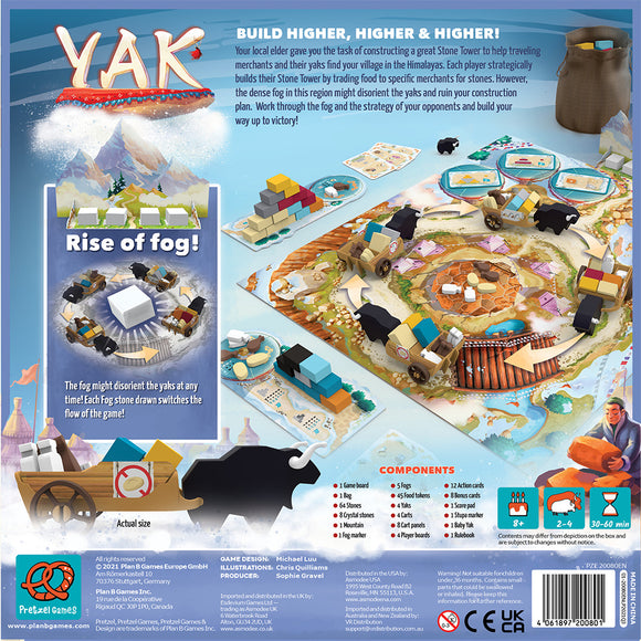 The game 'Yak' by Pretzel Games features a richly illustrated game board set in the Himalayas. Players compete to build a Stone Tower while managing resources and navigating fog challenges. The box includes colorful game pieces, action cards, and a variety of components for 2 to 4 players. The artwork displays yaks, mountains, and merchants, enhancing the theme of strategic construction in a vibrant landscape.