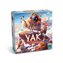 The game 'Yak' by Pretzel Games features a colorful box design showcasing a whimsical illustration of a yak with a rider, surrounded by snowy mountains. The title 'YAK' is prominently displayed in bold letters, alongside the name of the designer, Michael Luu. The scene is filled with characters and elements representing a playful adventure.