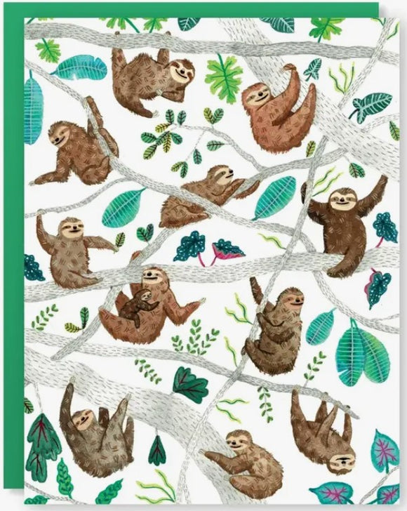 A colorful greeting card featuring a whimsical illustration of cute sloths hanging in a green and leafy environment. The sloths are depicted in various poses, showcasing their playful and relaxed nature against a white background.