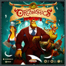 Orconomics board game by ARES GAMES featuring colorful artwork. The cover showcases three unique characters: a strong-looking ogre in a suit, a fierce warrior woman, and a menacing green creature, all set against a vibrant background. The title 'Orconomics' is prominently displayed at the top with a medieval-style banner, emphasizing adventure and strategy for 2-5 players aged 10 and older with an estimated playtime of 60 minutes.