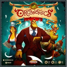 Orconomics board game by ARES GAMES featuring colorful artwork. The cover showcases three unique characters: a strong-looking ogre in a suit, a fierce warrior woman, and a menacing green creature, all set against a vibrant background. The title 'Orconomics' is prominently displayed at the top with a medieval-style banner, emphasizing adventure and strategy for 2-5 players aged 10 and older with an estimated playtime of 60 minutes.